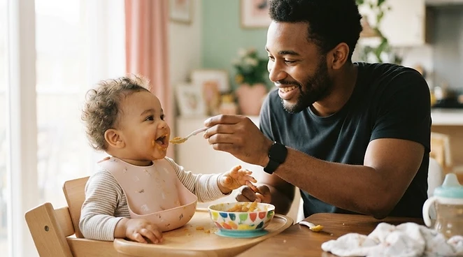 An African American father feeding his baby son at home