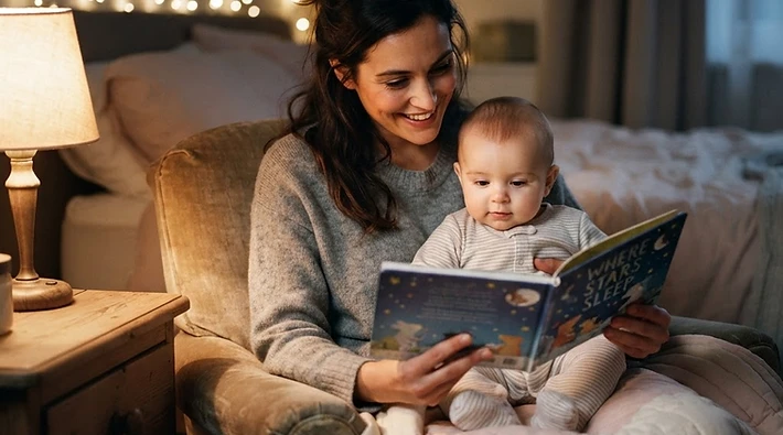 A mother reading a picture book to her baby at bedtime