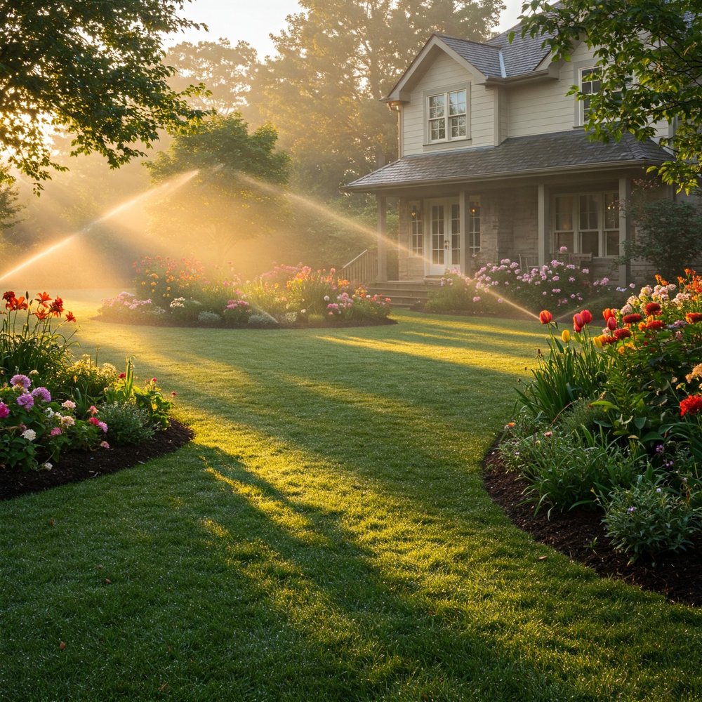 Irrigation sprinklers on a lush green lawn