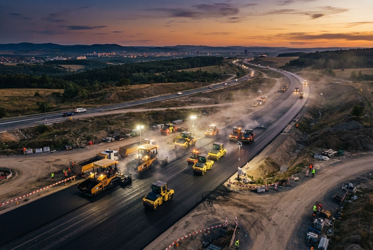 Highway construction site supplied by an IREGE asphalt plant