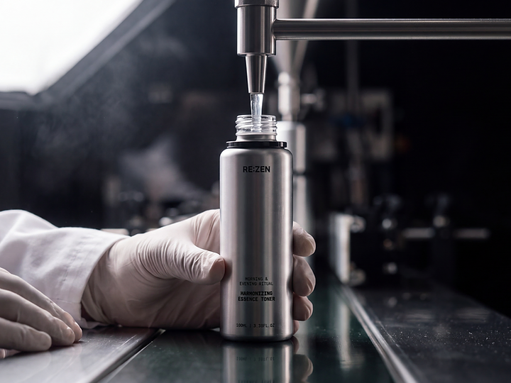 A gloved technician filling a RE:ZEN bottle on the production line