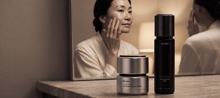 Woman applying RE:ZEN cream at a lamplit vanity mirror