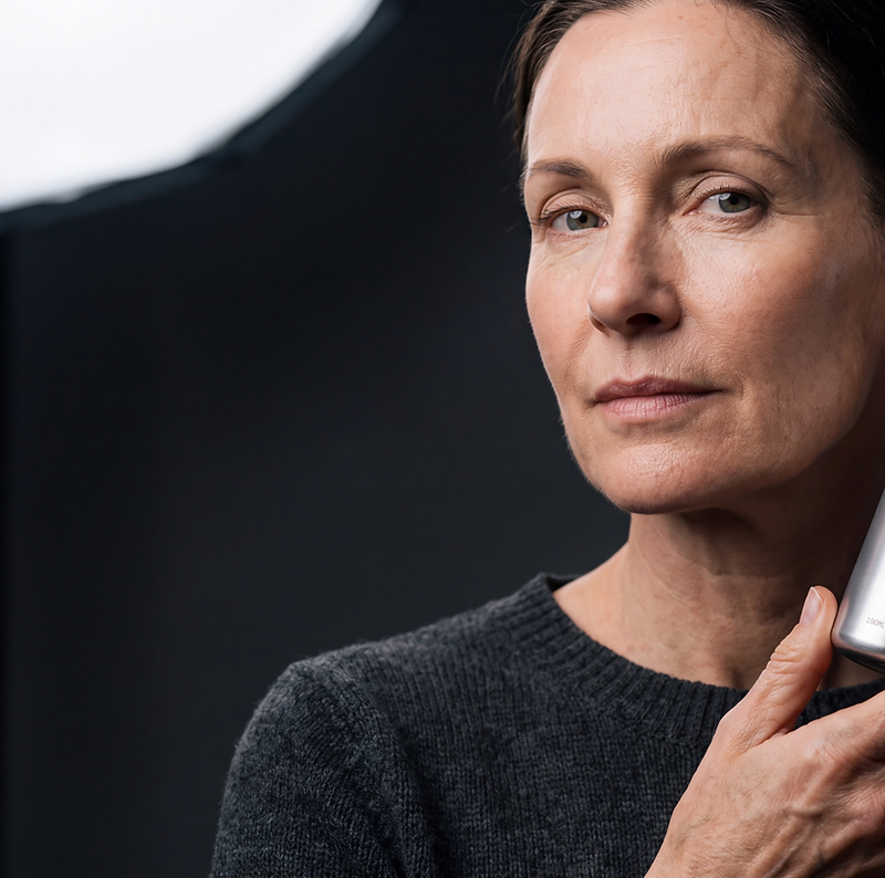 Woman with mature skin holding a RE:ZEN essence toner