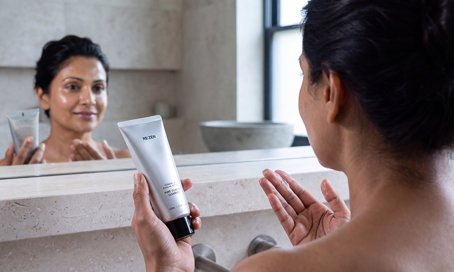 Over-the-shoulder view of a woman cleansing with RE:ZEN at a bathroom mirror