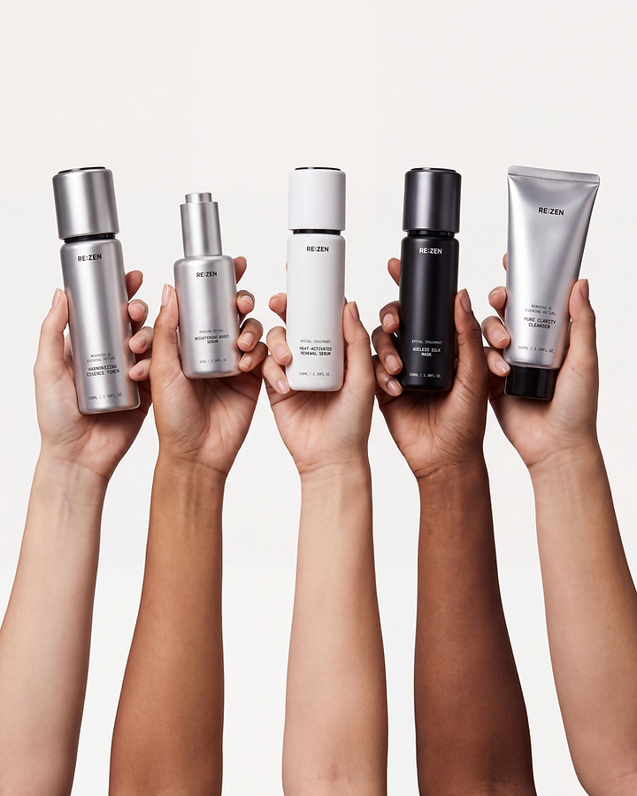 Five hands raised, each holding a RE:ZEN product