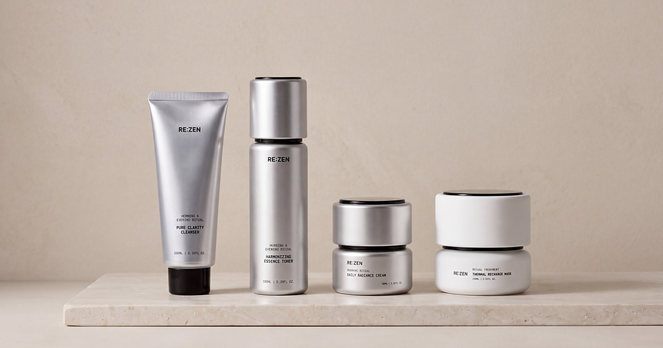 The full RE:ZEN range lined up on a stone plinth