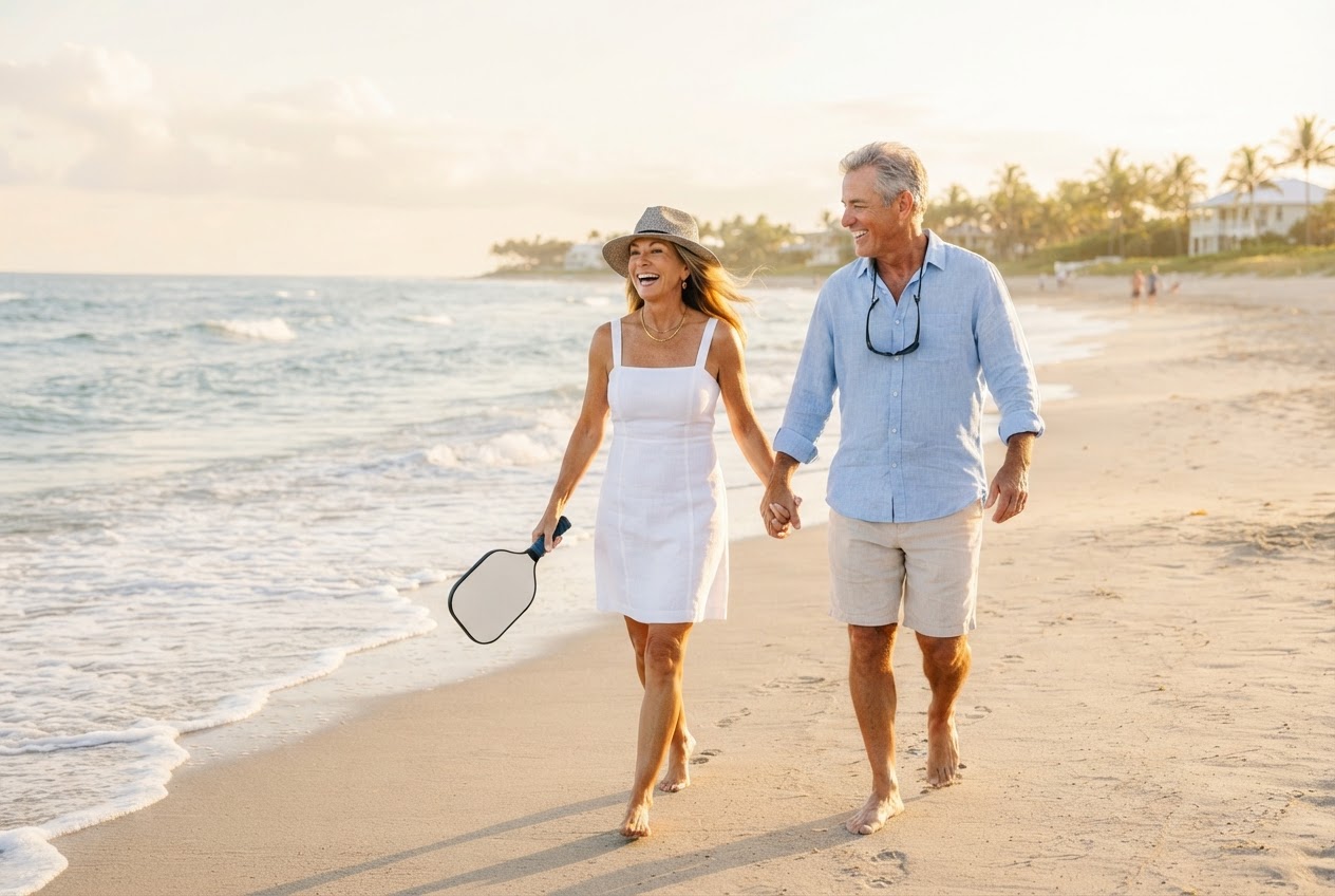 Active couple walking on a sun-drenched Florida beach