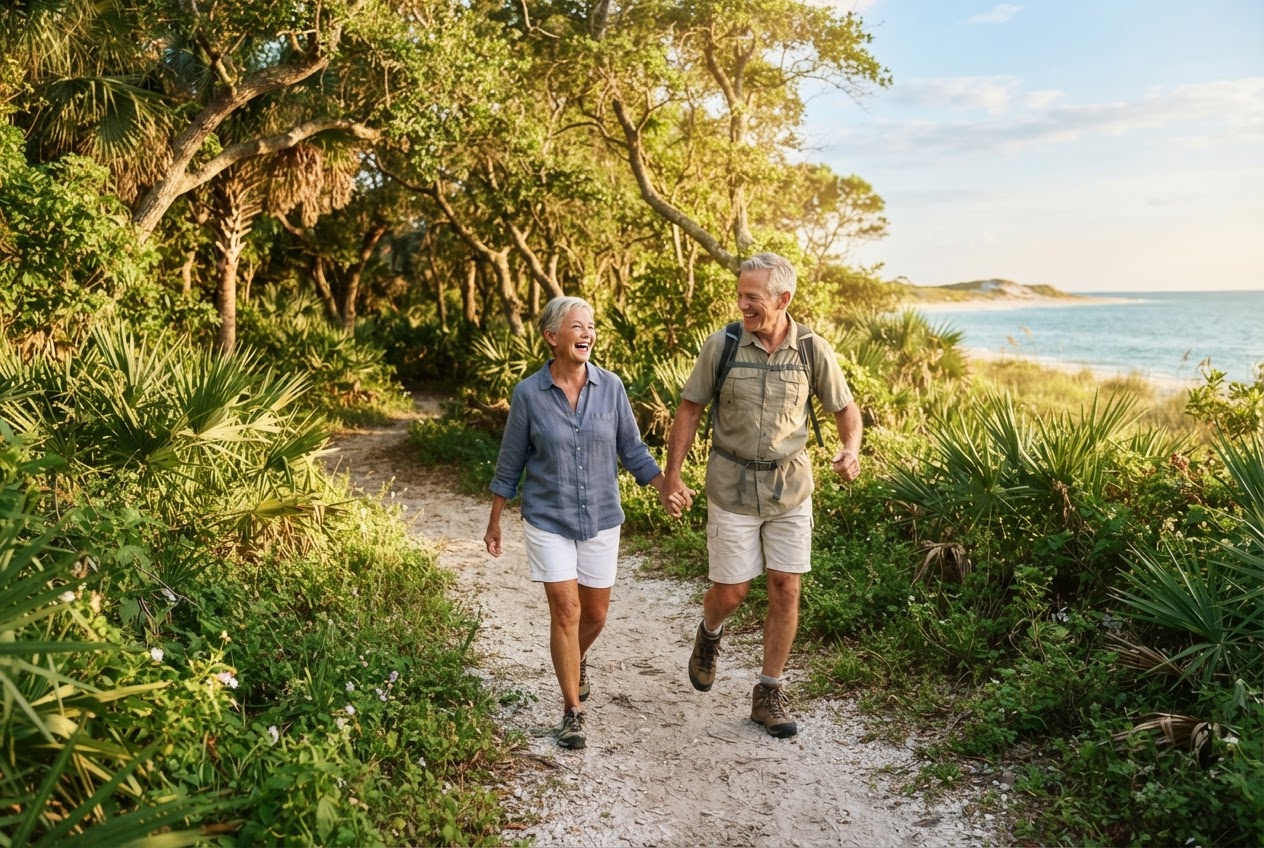Active couple hiking on a Florida nature trail at golden hour