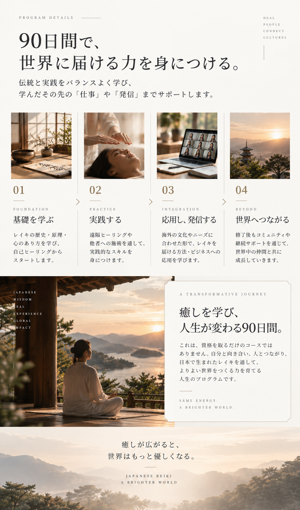 PROGRAM DETAILS 90日間で、世界に届ける力を身につける。01 FOUNDATION 02 PRACTICE 03 INTEGRATION 04 BEYOND