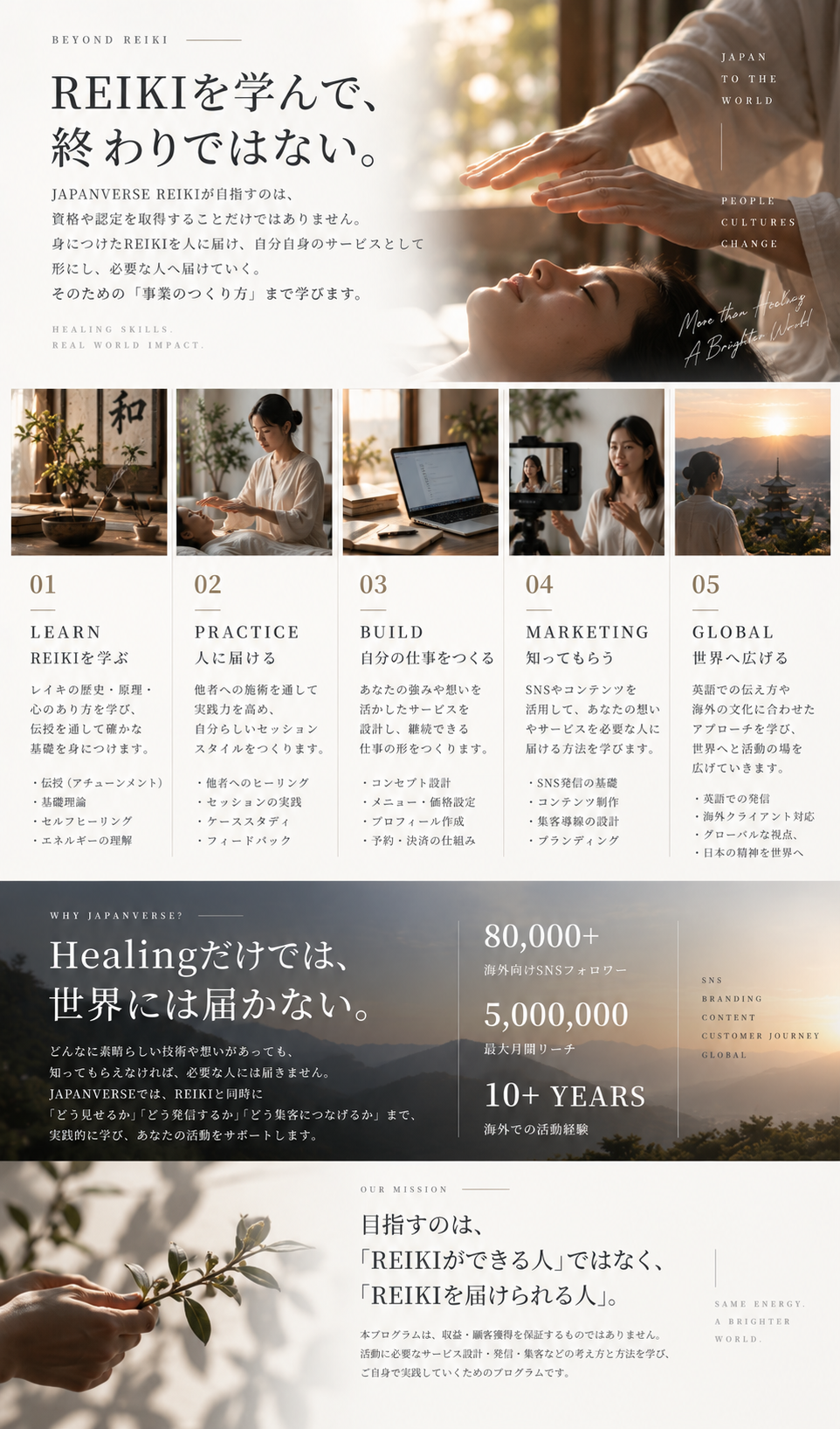 BEYOND REIKI REIKIを学んで、終わりではない。01 LEARN 02 PRACTICE 03 BUILD 04 MARKETING 05 GLOBAL OUR MISSION