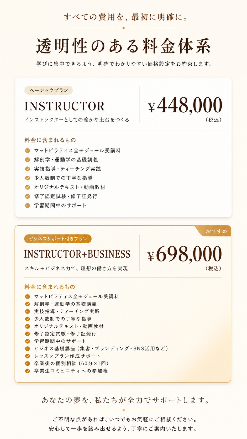透明性のある料金体系。すべての費用を最初に明確に。ベーシックプラン448,000円／ビジネスサポート付きプラン698,000円