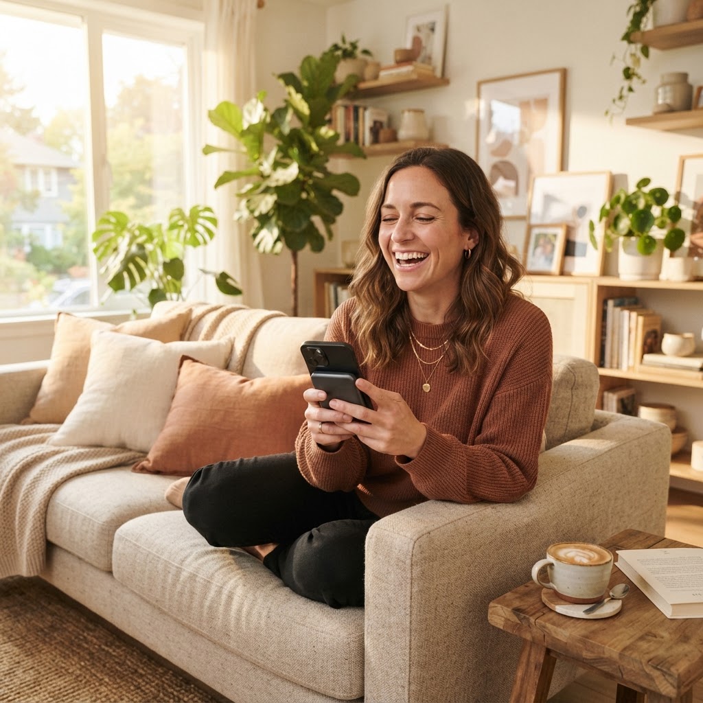 A customer relaxing at home with her phone charging from a magnetic power bank