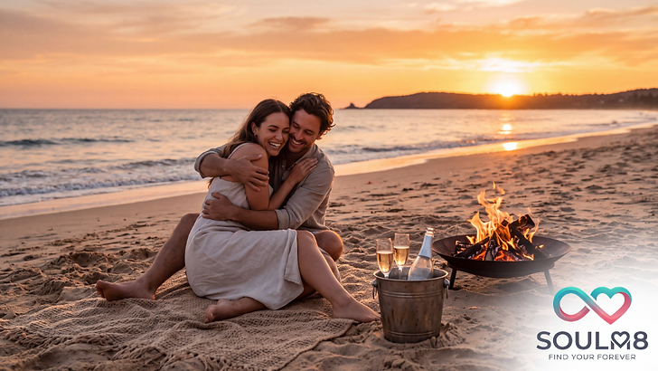 Koppel op het strand bij zonsondergang
