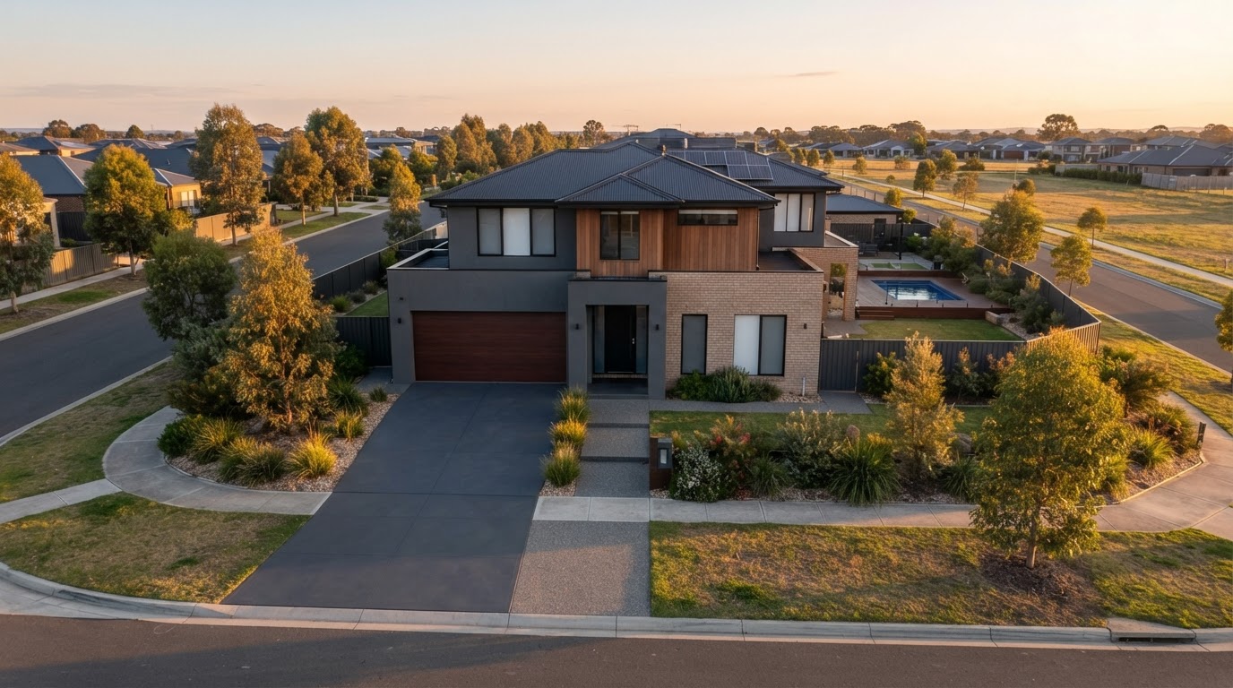 Charcoal concrete driveway at a modern Clyde home