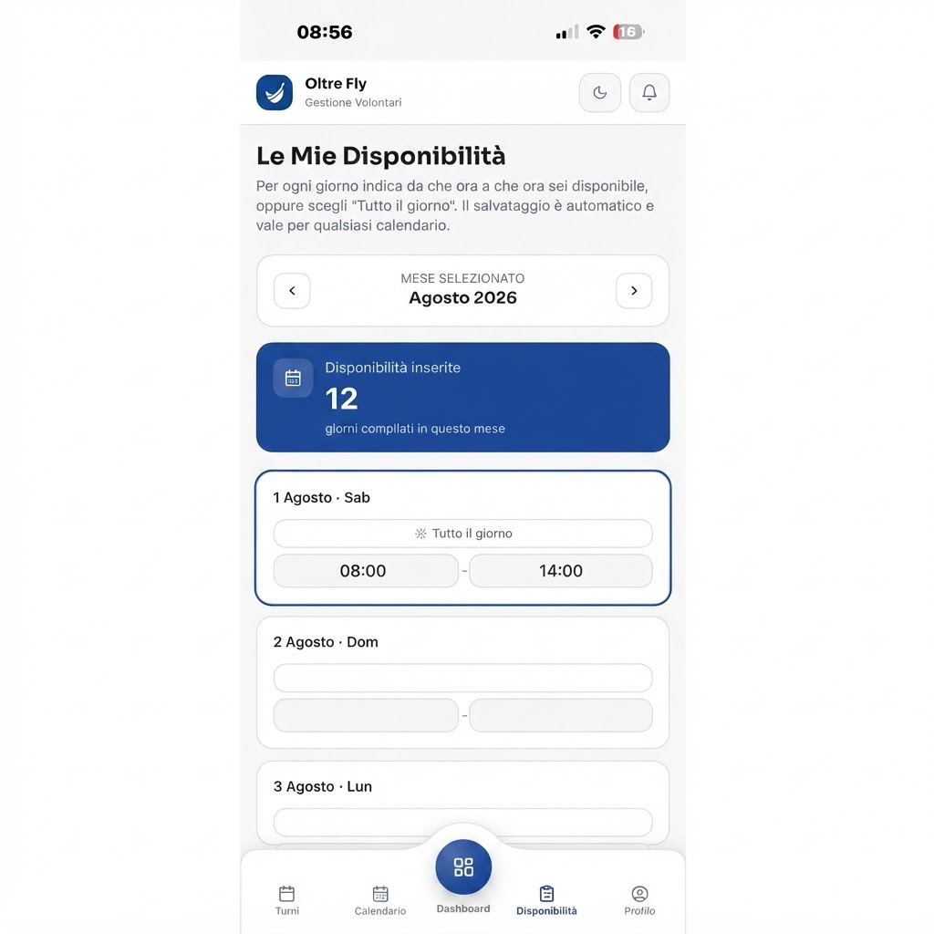 Schermata disponibilità dell'app volontari