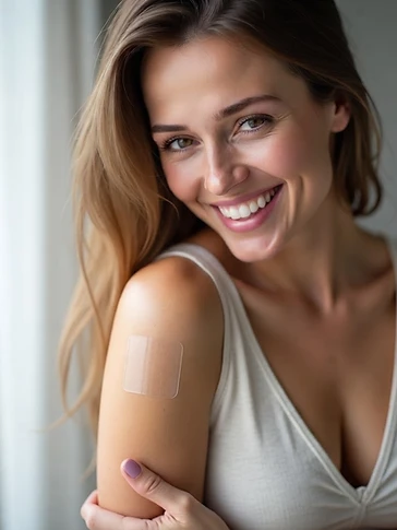 Adult woman with a small square clear PACHEEZ patch on her arm, natural window light
