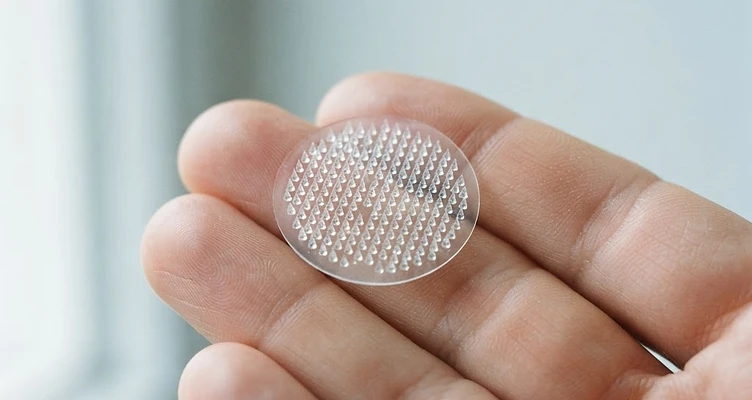 A Pacheez microneedle patch resting on a person's fingertips