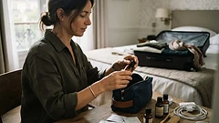 Adult woman packing a toiletry bag in an ordinary hotel room with patch sachets among skincare items