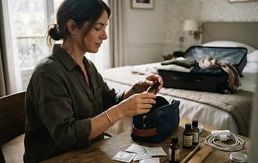 Adult woman packing a toiletry bag in an ordinary hotel room, patch sachets placed among skincare items, natural daylight