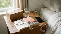 PACHEEZ product box and an open patch sachet on a bedside table with water glass, reading glasses and a book