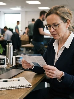 Adult professional woman in her late 40s reading PACHEEZ product directions at a real office desk with laptop and notebook