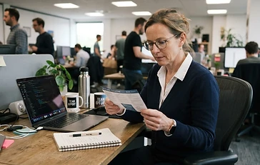 Adult professional woman reading PACHEEZ product directions at a real office desk with laptop and notebook visible