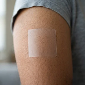Close-up macro photograph showing how transparent the PACHEEZ patch is on adult skin — natural pores and skin texture visible through it