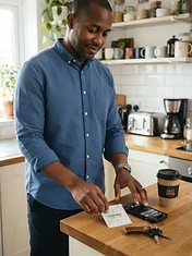 Adult man in his 40s placing PACHEEZ packet on kitchen bench beside phone and keys before work