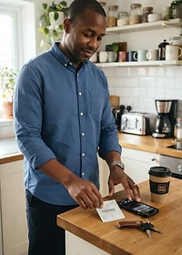 Adult man placing PACHEEZ packet beside phone and keys on a kitchen bench before work