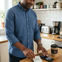 Adult man in his 40s placing PACHEEZ packet on kitchen bench beside phone and keys before work
