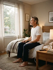 Adult man in his early 50s sitting on the edge of a bed in soft morning light, calm bedroom setting