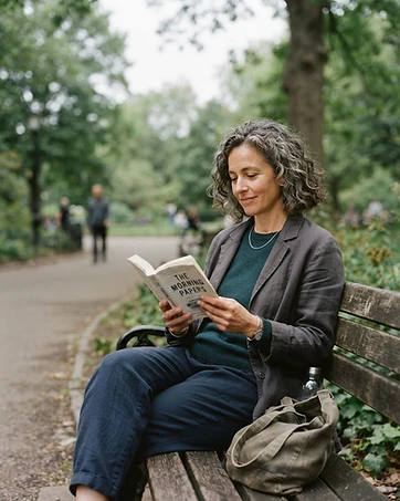 Woman in her late 40s sitting relaxed on a park bench in soft overcast morning light