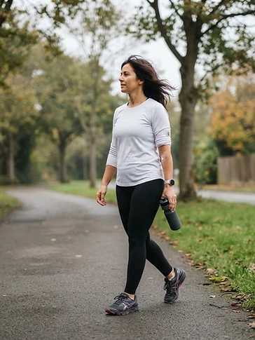 Adult woman in her 40s walking outdoors on a suburban path after morning exercise, slight windblown hair, subtle transparent PACHEEZ patch on her upper arm