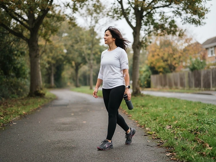 Adult woman walking outdoors after morning exercise, natural light, authentic lifestyle photograph