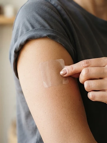 Close-up of real adult hands applying a thin transparent PACHEEZ patch to an upper arm