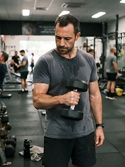 Adult man in his 30s completing a dumbbell exercise in a neighbourhood gym