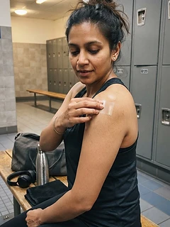 Adult woman applying a clear PACHEEZ patch on a gym locker room bench, gym bag and towel beside her, smartphone-style