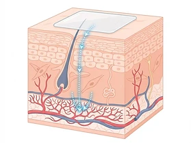 Cross-section illustration showing a transparent patch delivering active ingredients through the skin layers into the bloodstream