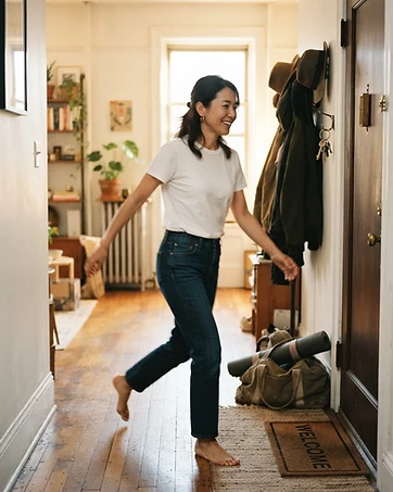 Adult woman walking briskly in natural morning window light in her apartment