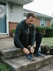 Adult man in his 40s tying running shoes on suburban house steps in early morning light