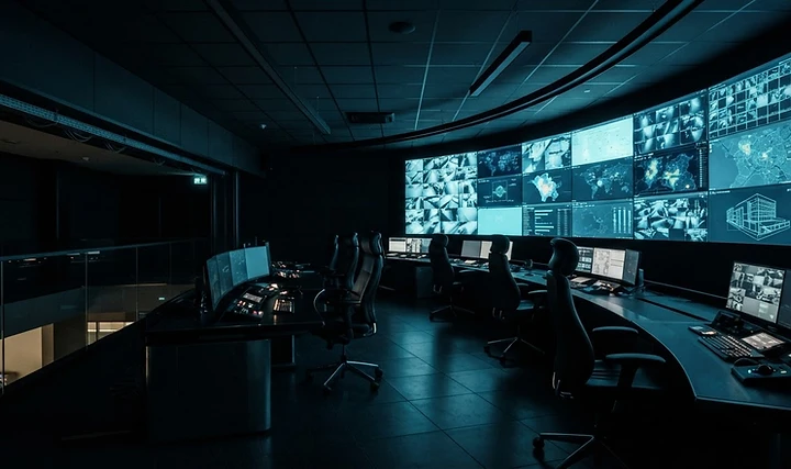 Dunkle Leitstelle mit leuchtenden Monitoren bei Nacht