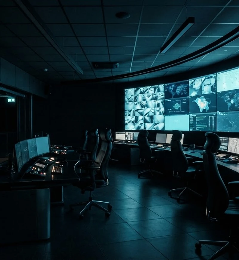 Dunkle, moderne Leitstelle mit leuchtenden Monitoren bei Nacht