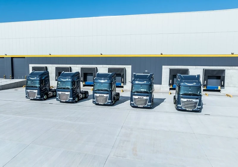 Forge Logistics fleet of DAF heavy goods vehicles at a UK distribution facility