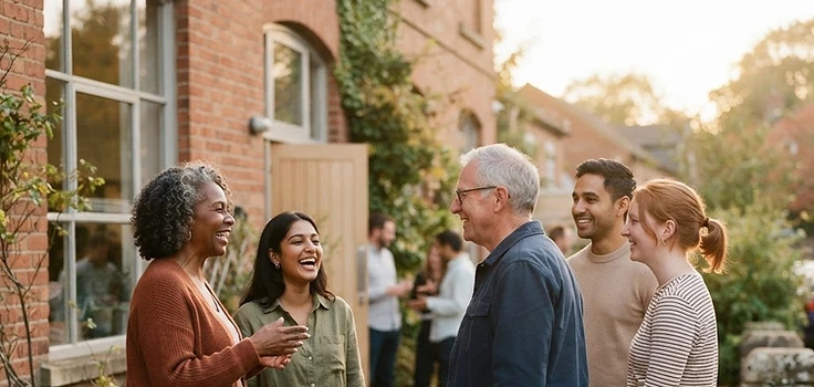 Colleagues in conversation outside a brick studio