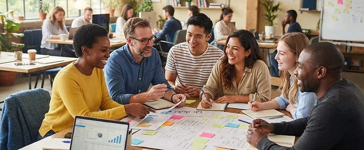 A team planning together around a bright table
