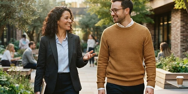 A manager walking with a colleague