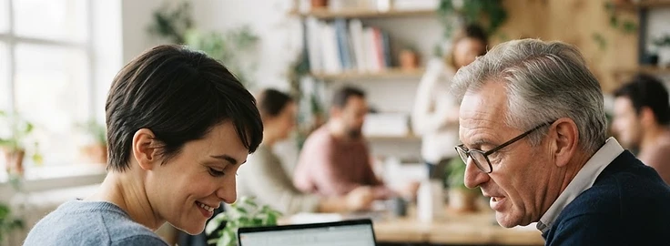 Two colleagues working through notes together at a bright studio desk
