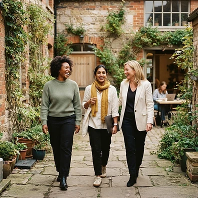 Colleagues chatting in a leafy courtyard