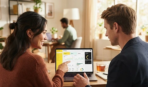 Two people side by side exploring a people dashboard together on a laptop