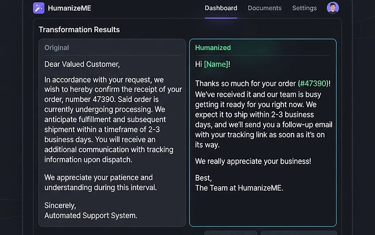 HumanizeME platform transforming robotic text into natural human writing, with before-and-after comparison and quality scores